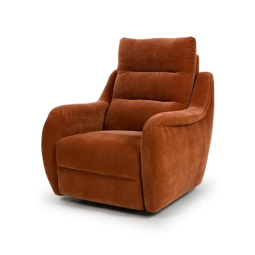 Rust fabric recliner armchair with padded backrest and curved arms on white background