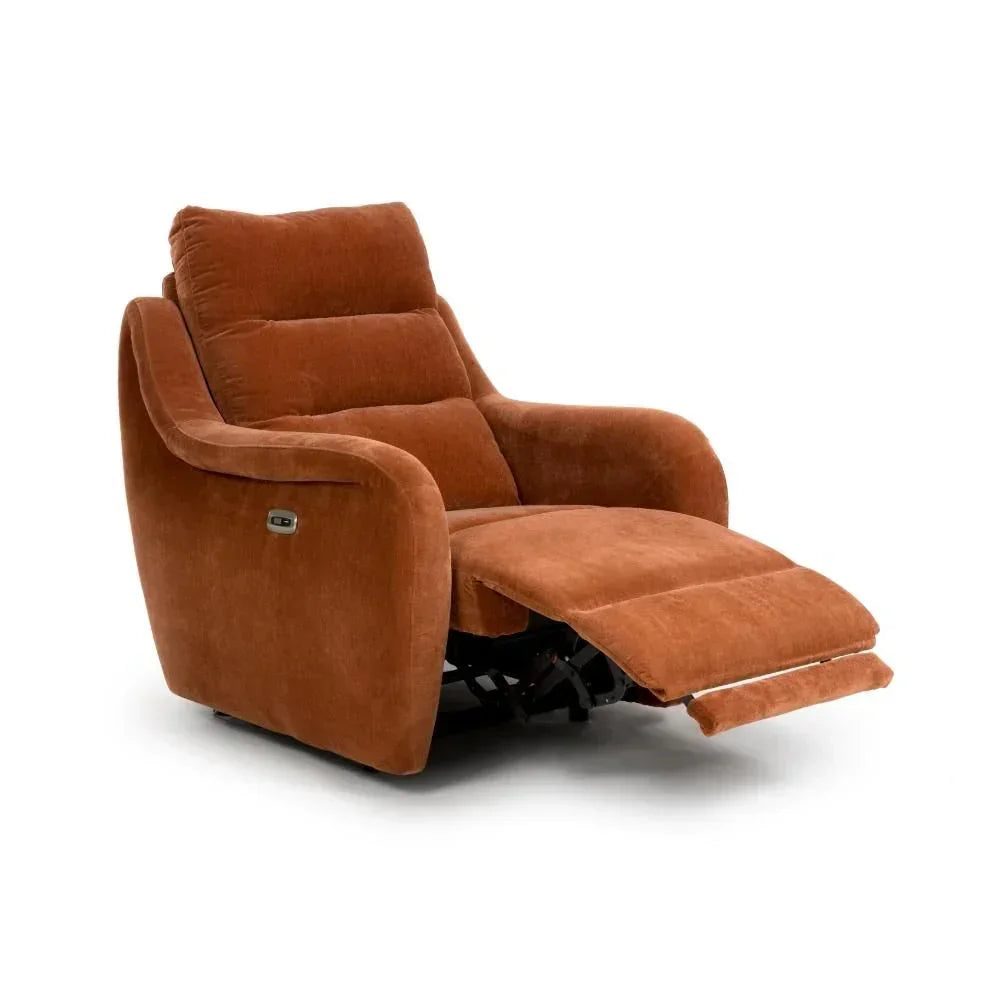 Rust fabric recliner armchair with extended footrest on white background