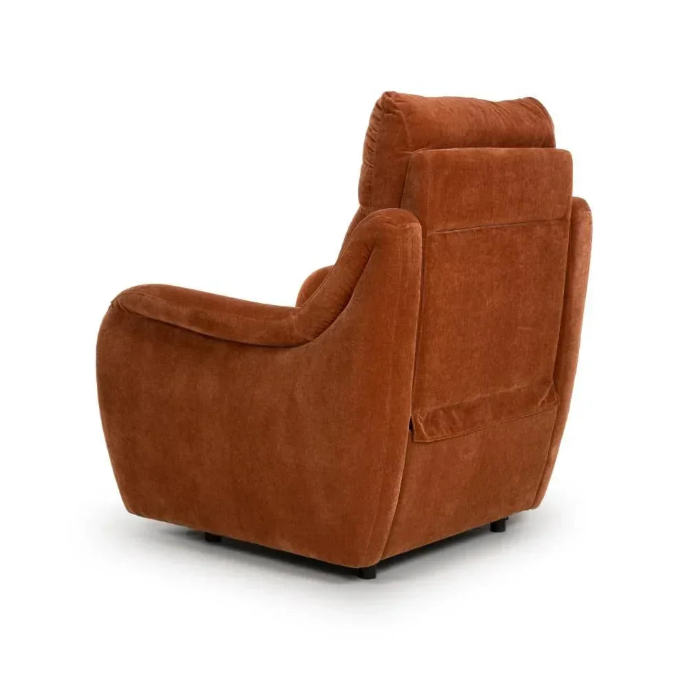 Rust fabric recliner armchair with curved arms and plush backrest, rear angled view