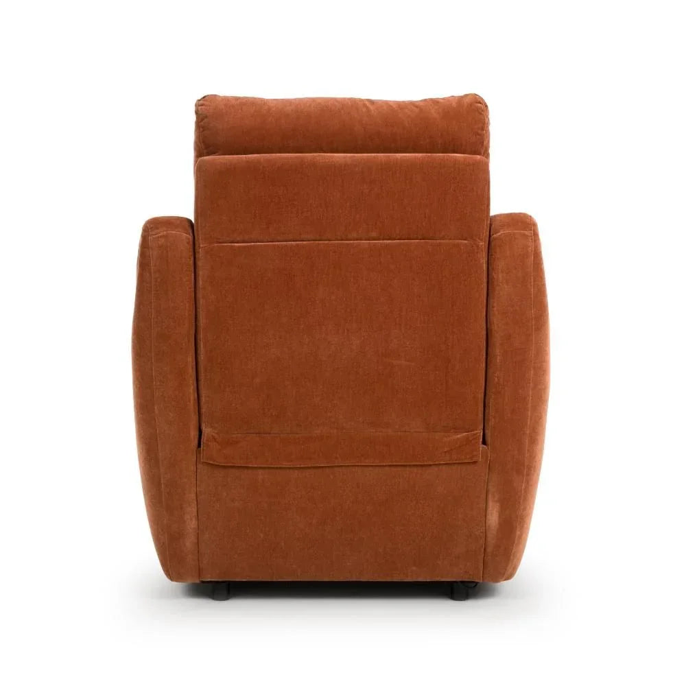 Back view of rust fabric recliner armchair with plush cushioning and wide arms