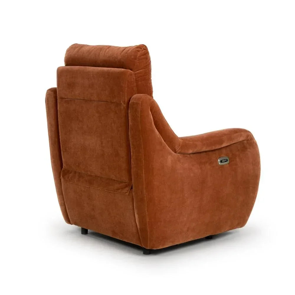 Rear view terracotta fabric recliner armchair with power control button