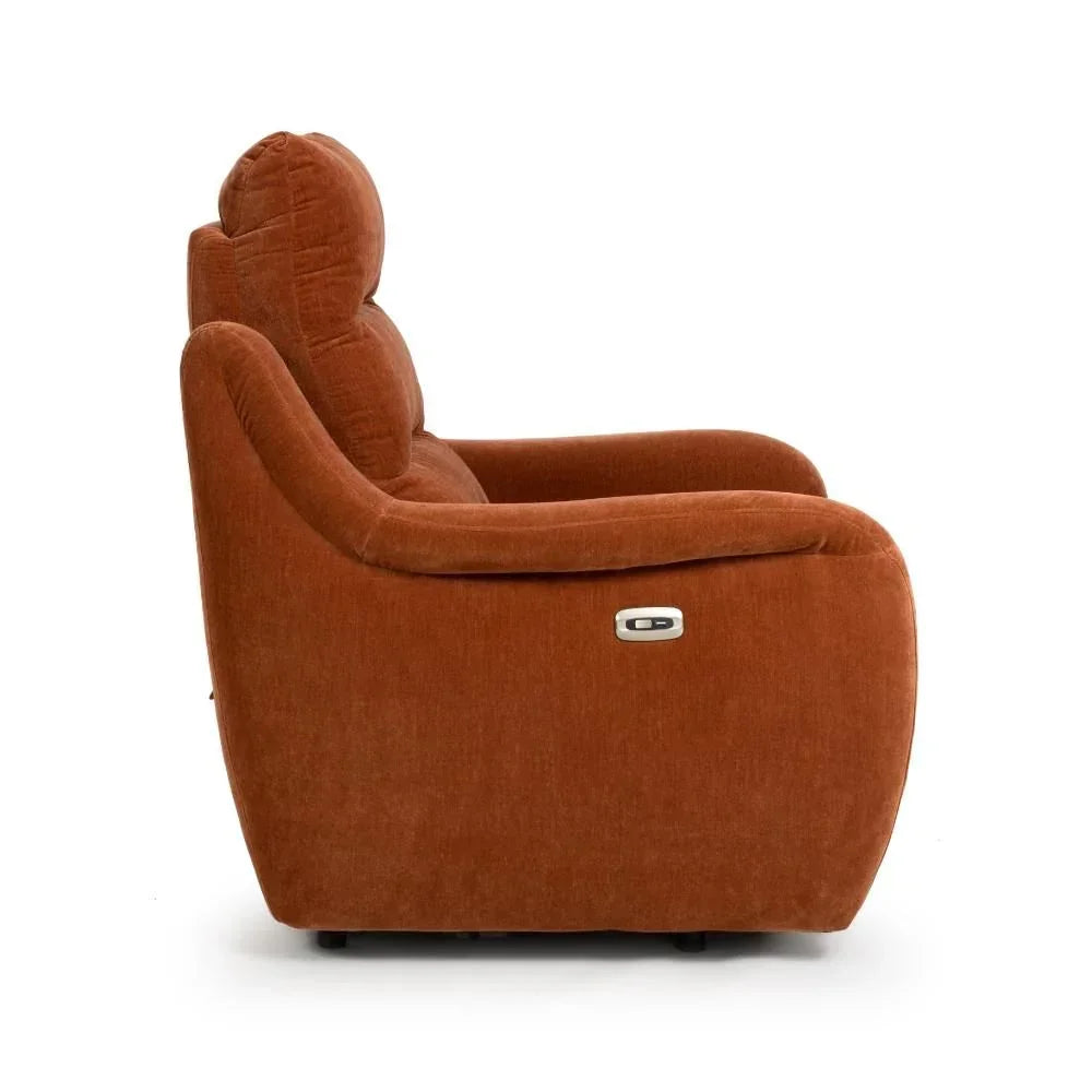 Rust fabric recliner chair side view with padded armrests and electric control button