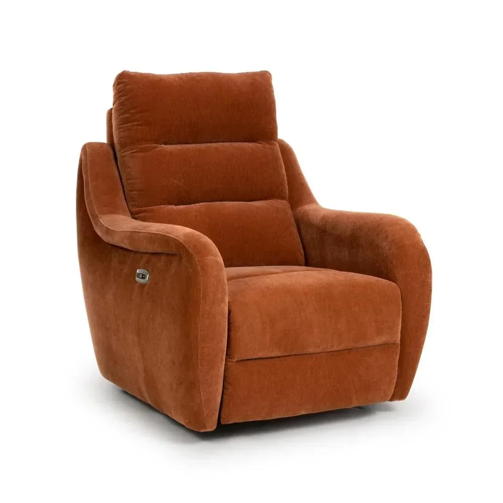 Rust orange fabric recliner chair with padded seat and armrests on white background