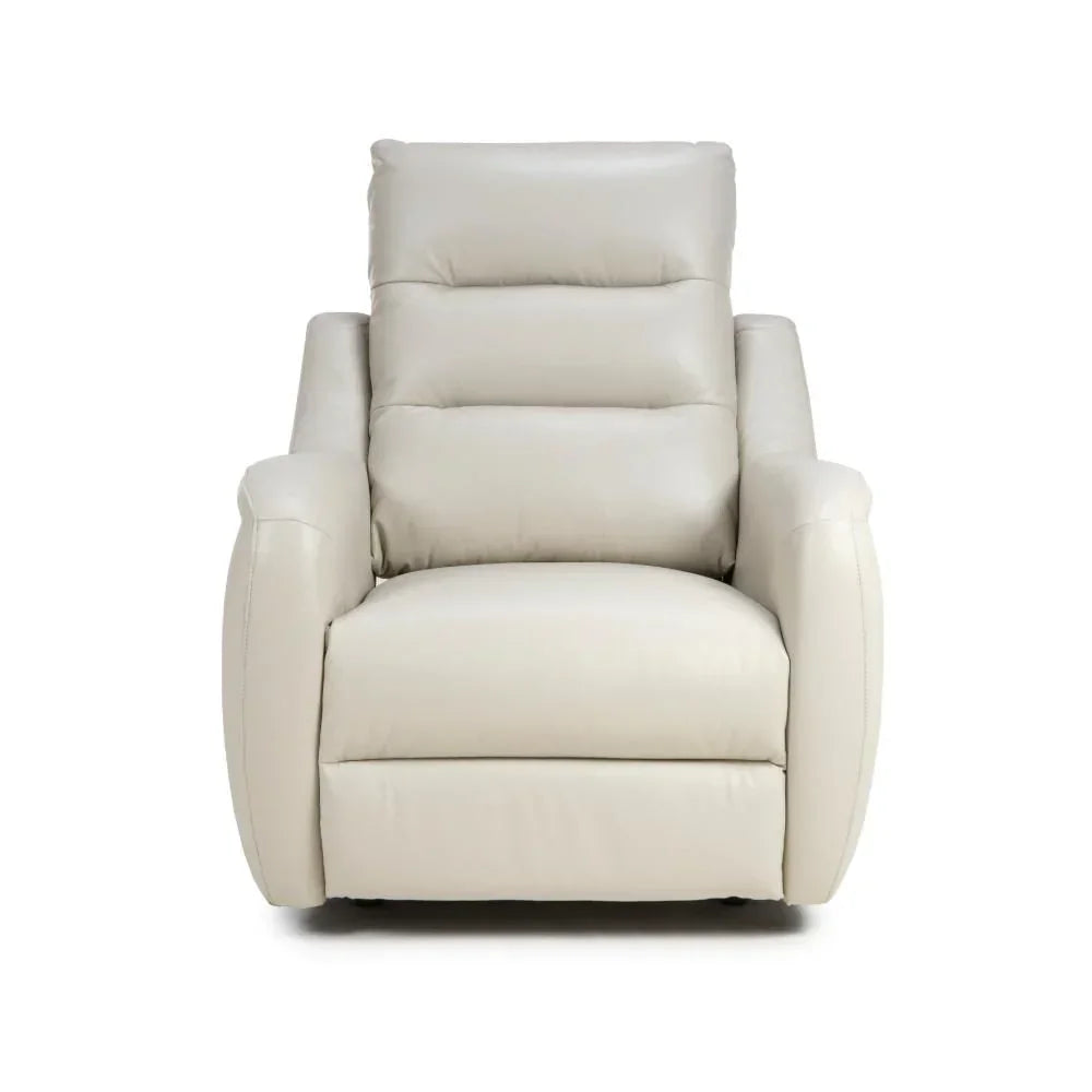 Cream leather recliner armchair with padded backrest and wide arms, front view