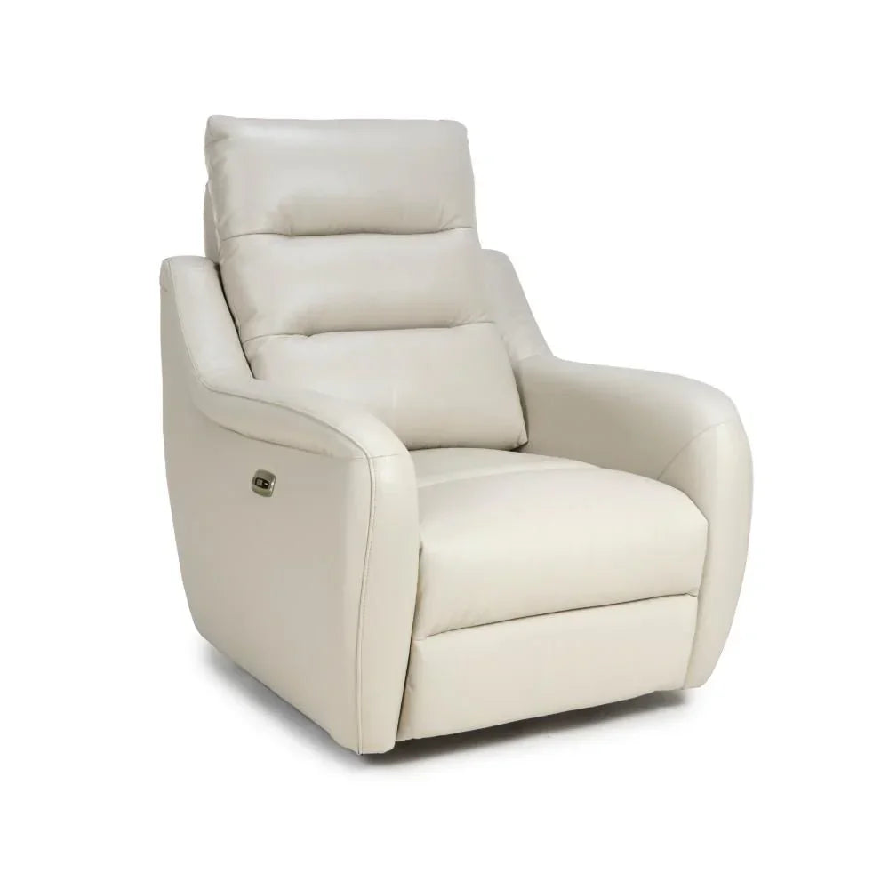 Cream leather recliner chair with padded backrest and armrests on white background