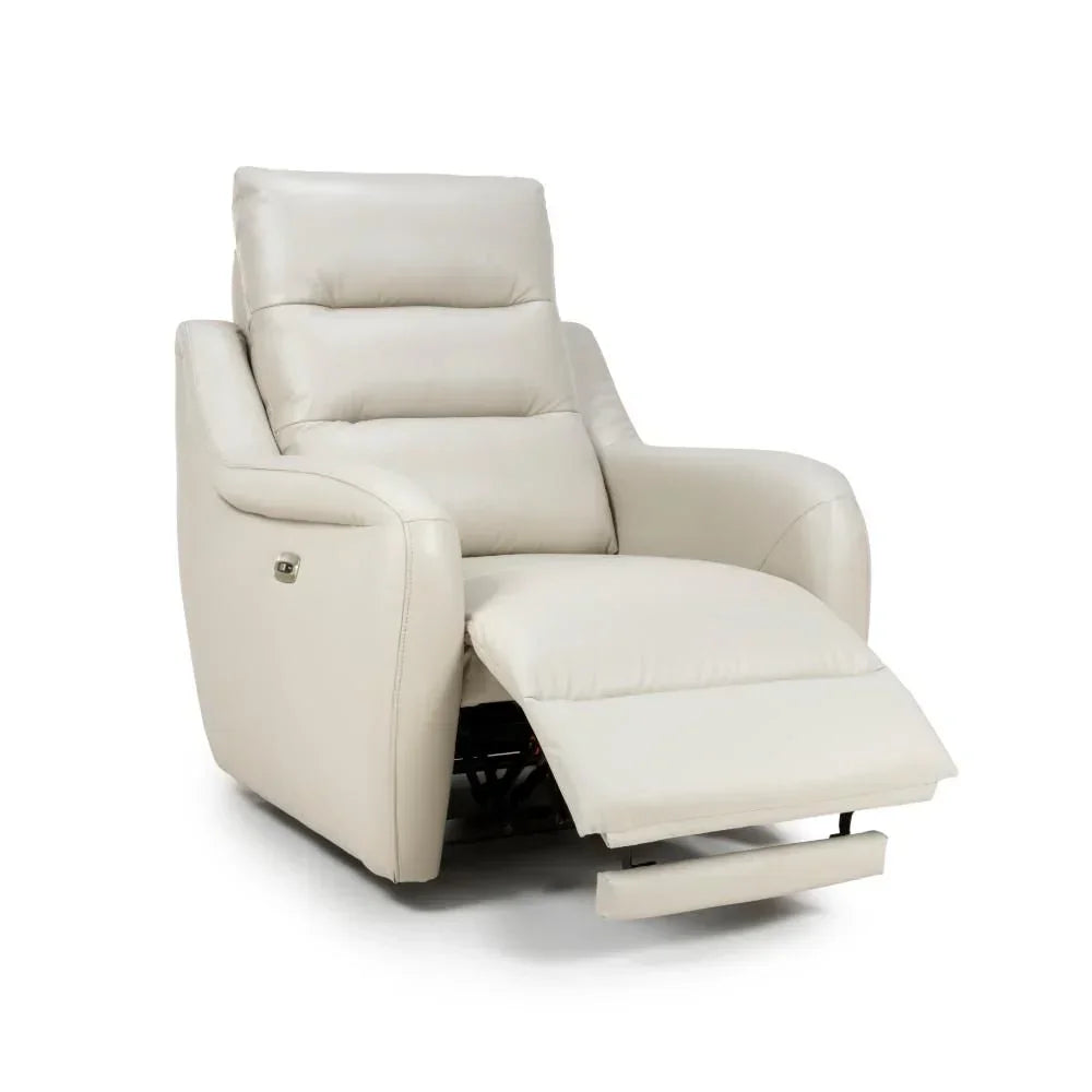 Cream leather recliner chair with padded seat and extended footrest, angled front view