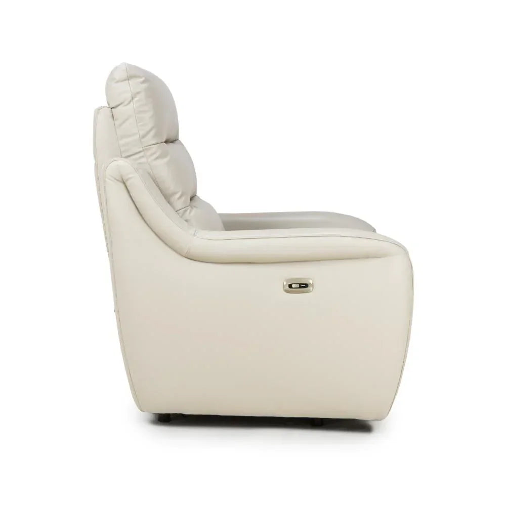 Cream leather recliner sofa side view showing padded armrest and button control