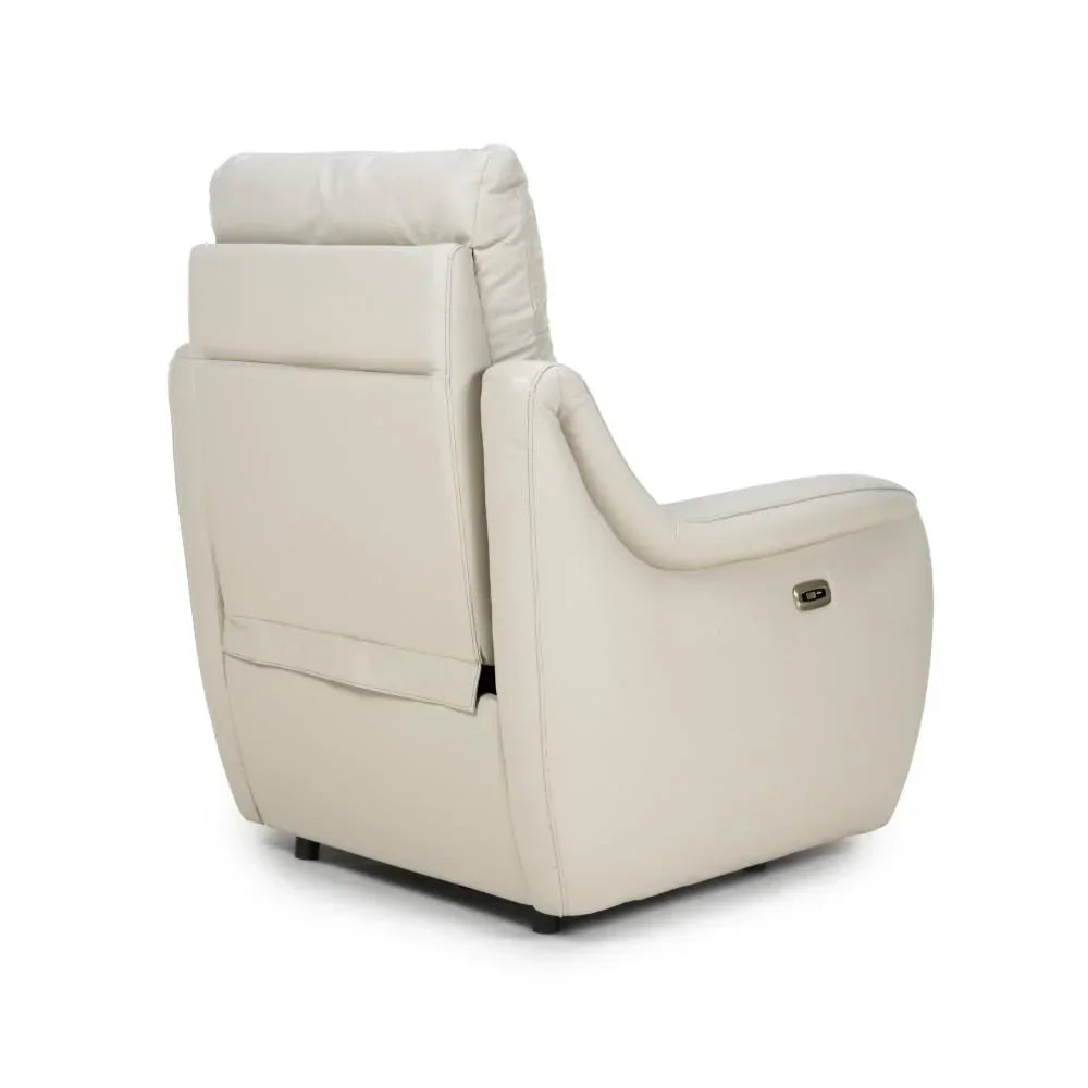 Beige leather recliner chair rear angle with padded back and power control button
