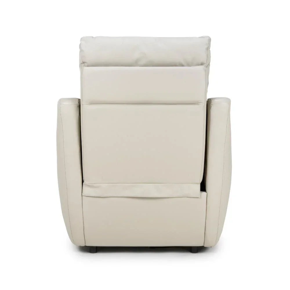 Beige leather recliner chair rear view with padded back and armrests