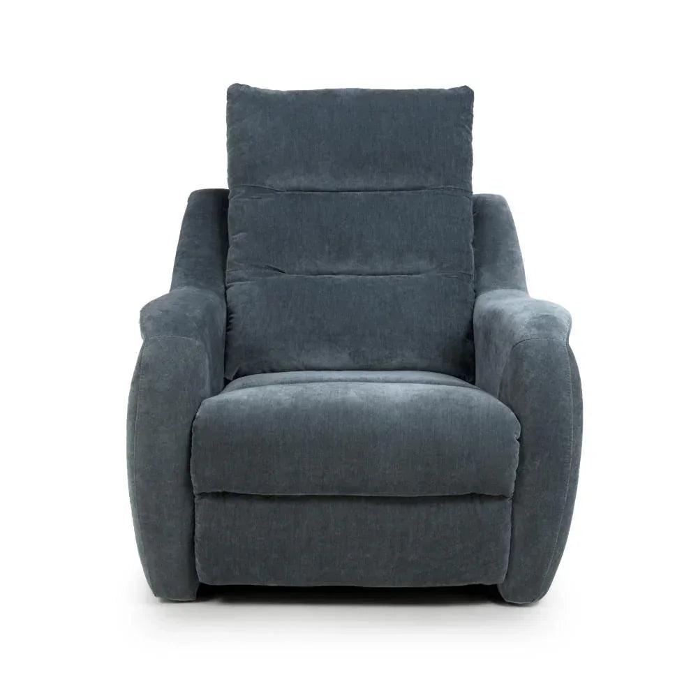 Front view of dark grey fabric recliner armchair with padded back and wide arms