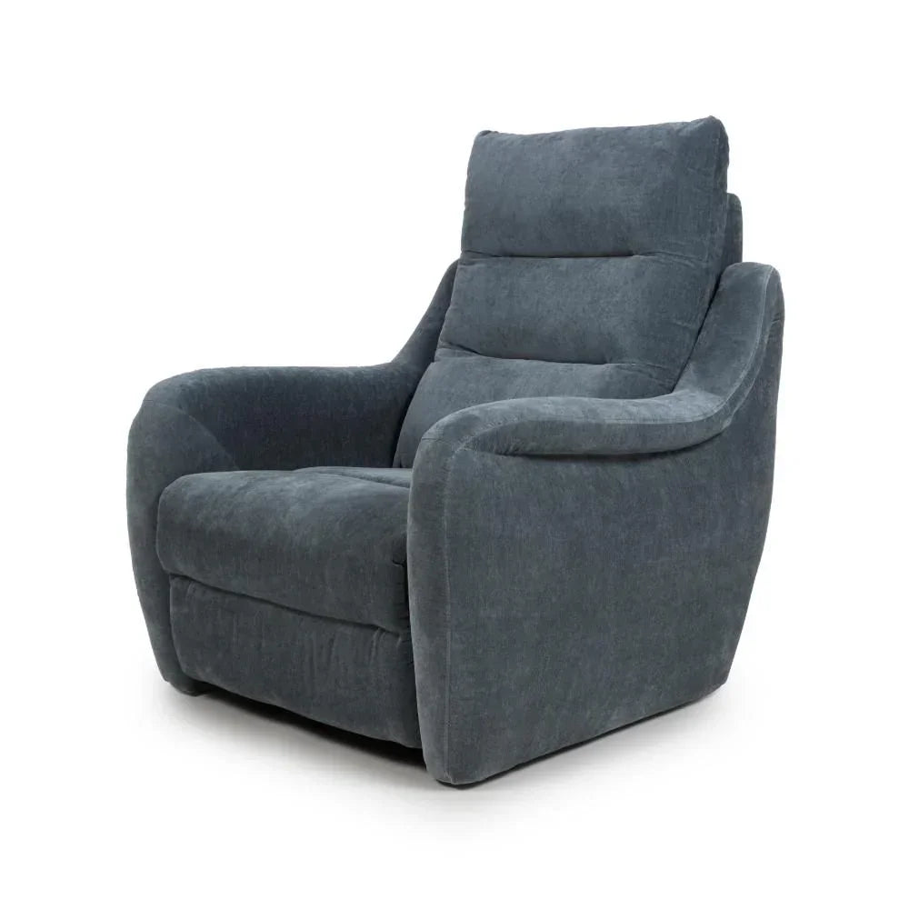 Dark grey fabric armchair with plush cushioning and curved armrests, angled view