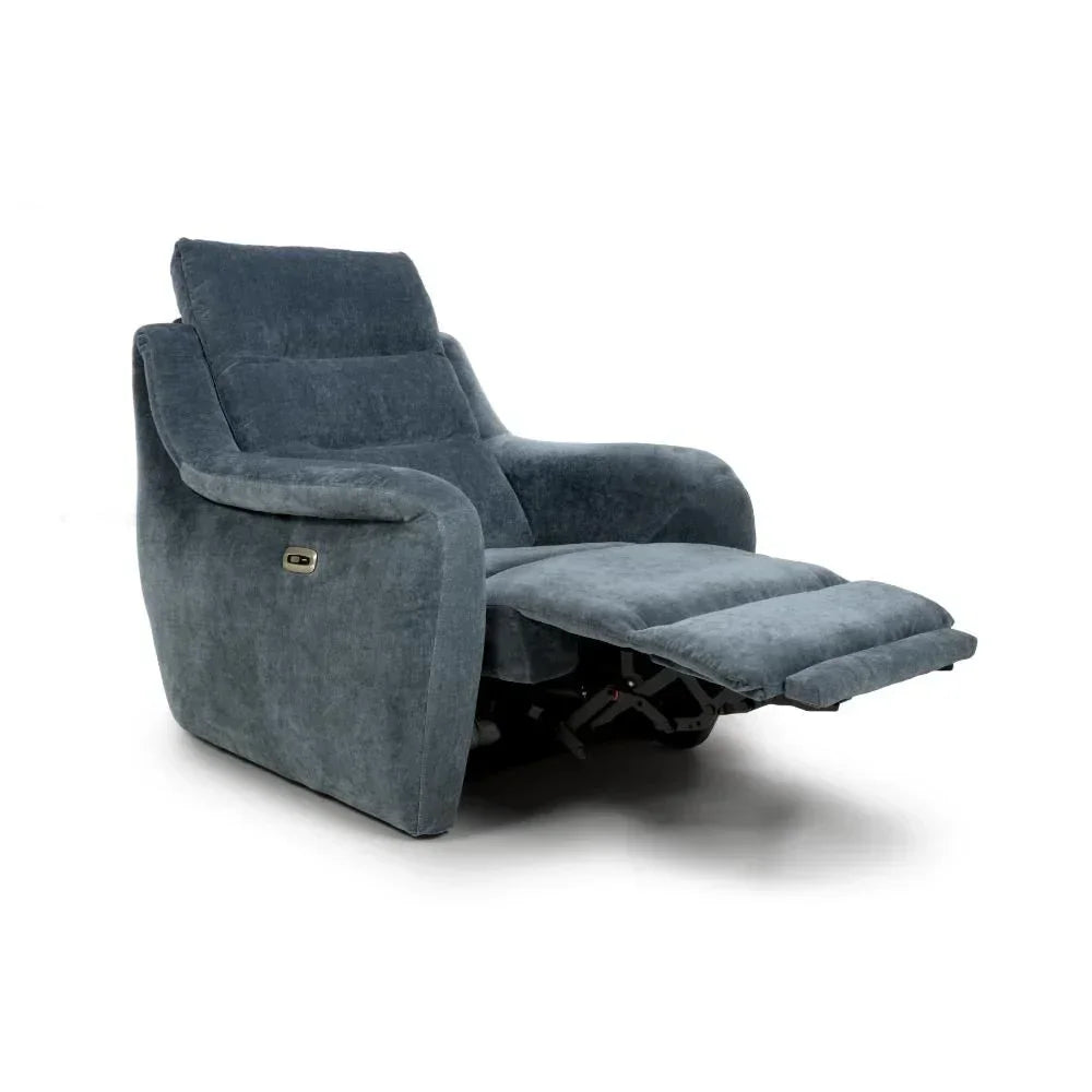 Grey fabric recliner armchair with extended footrest, angled view