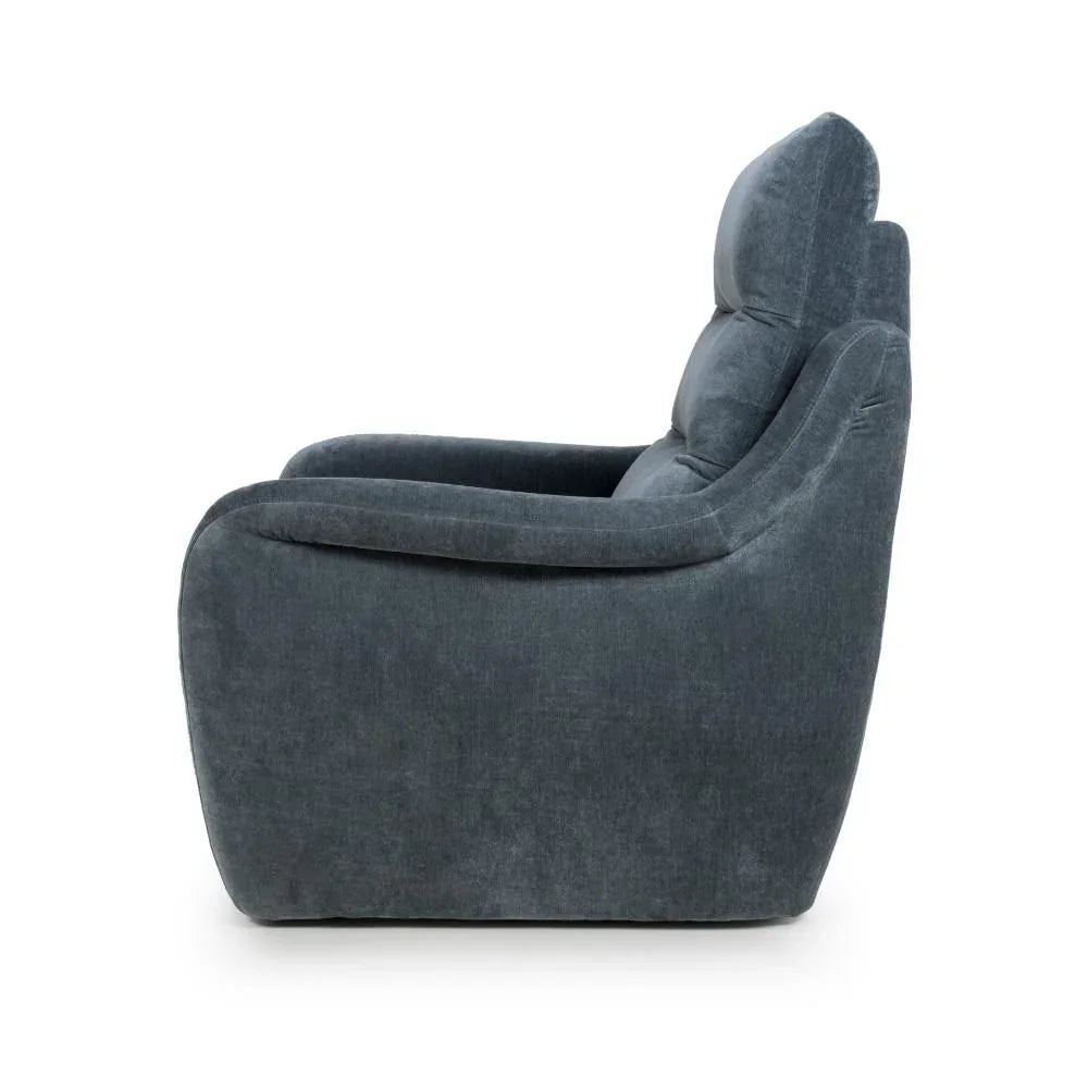 Dark grey fabric armchair side profile with padded back and seat, modern living room seating