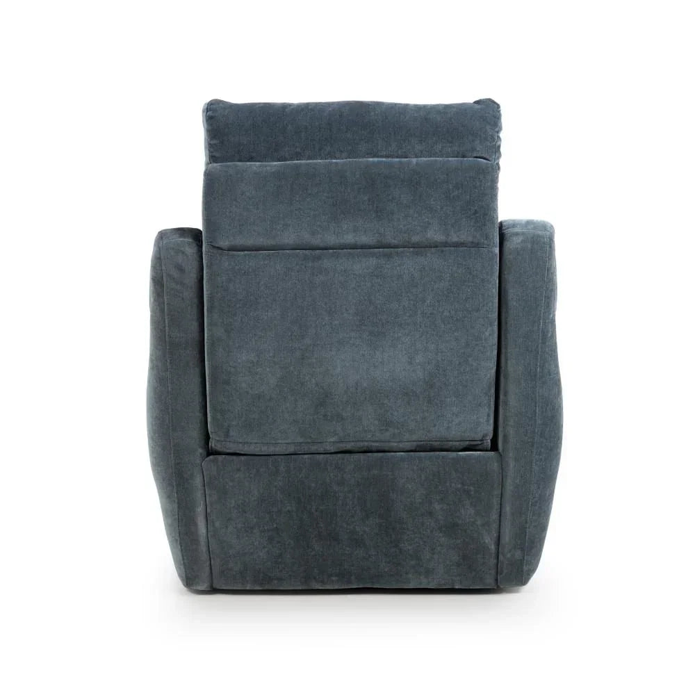Dark grey fabric recliner armchair rear view showing plush cushioned back and sides