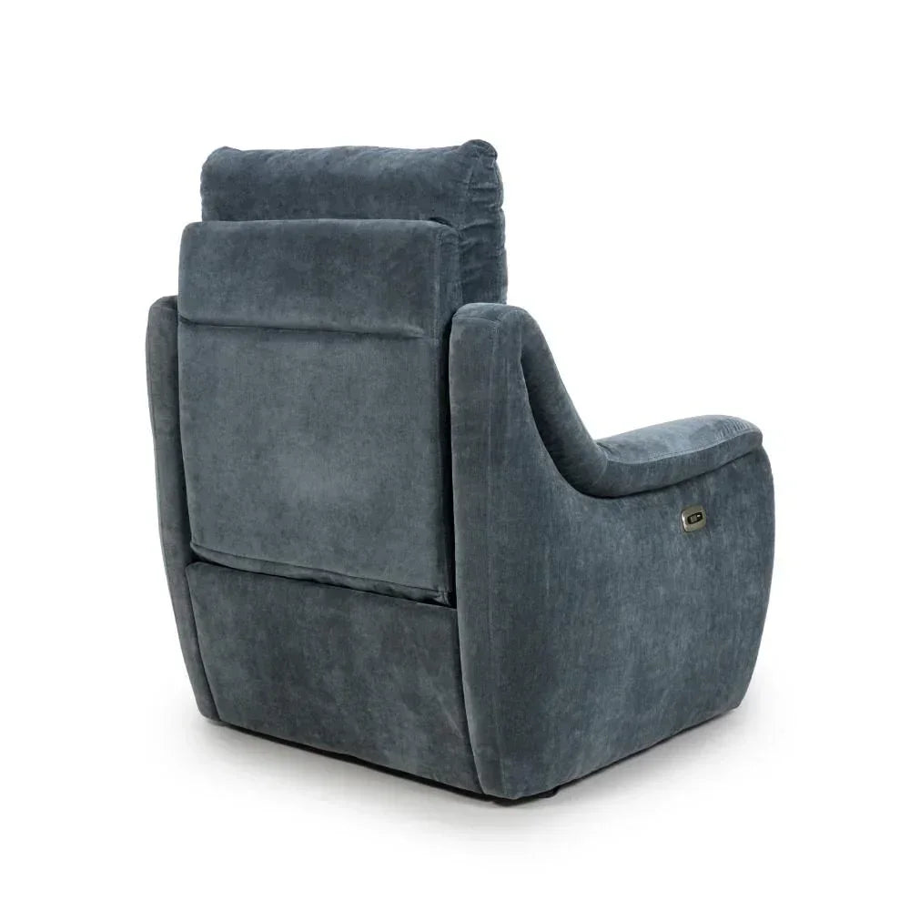 Dark grey fabric recliner chair rear view with padded back and power recline button