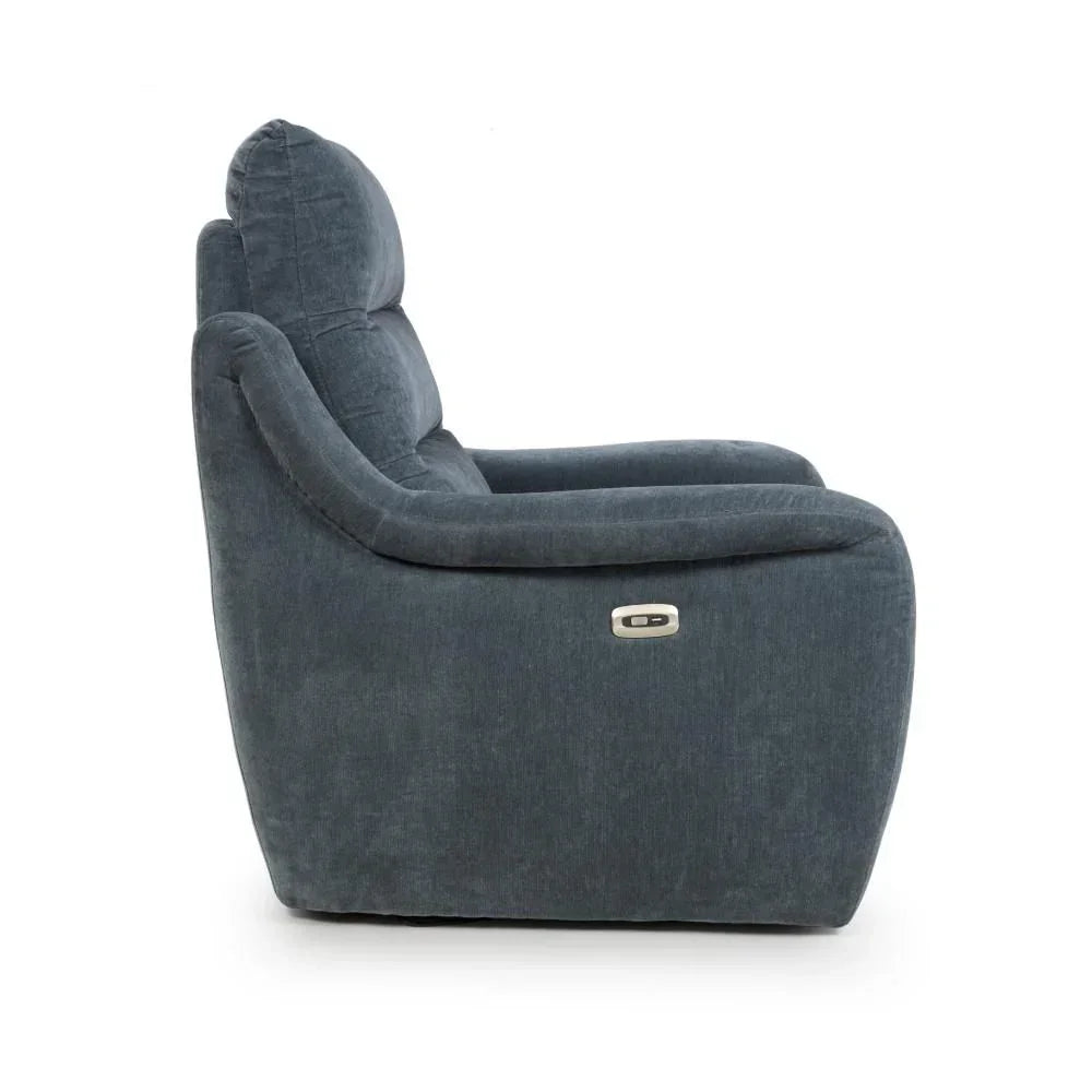 Dark grey fabric recliner chair side view with headrest and metal control button