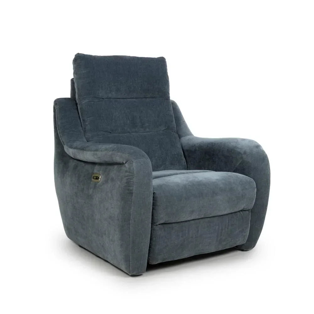 Dark grey fabric recliner chair with padded arms and backrest, angled front view