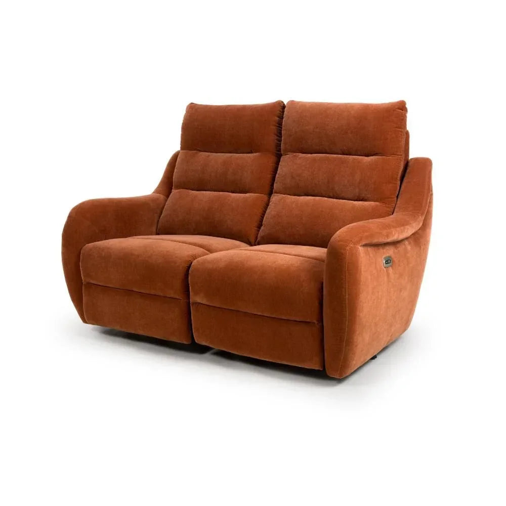 Brown fabric recliner sofa with padded seats and high backrests, angled front view