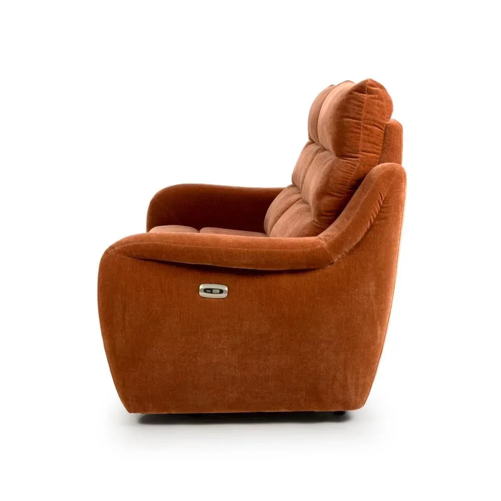 Side profile of rust fabric recliner chair with curved armrest and padded backrest