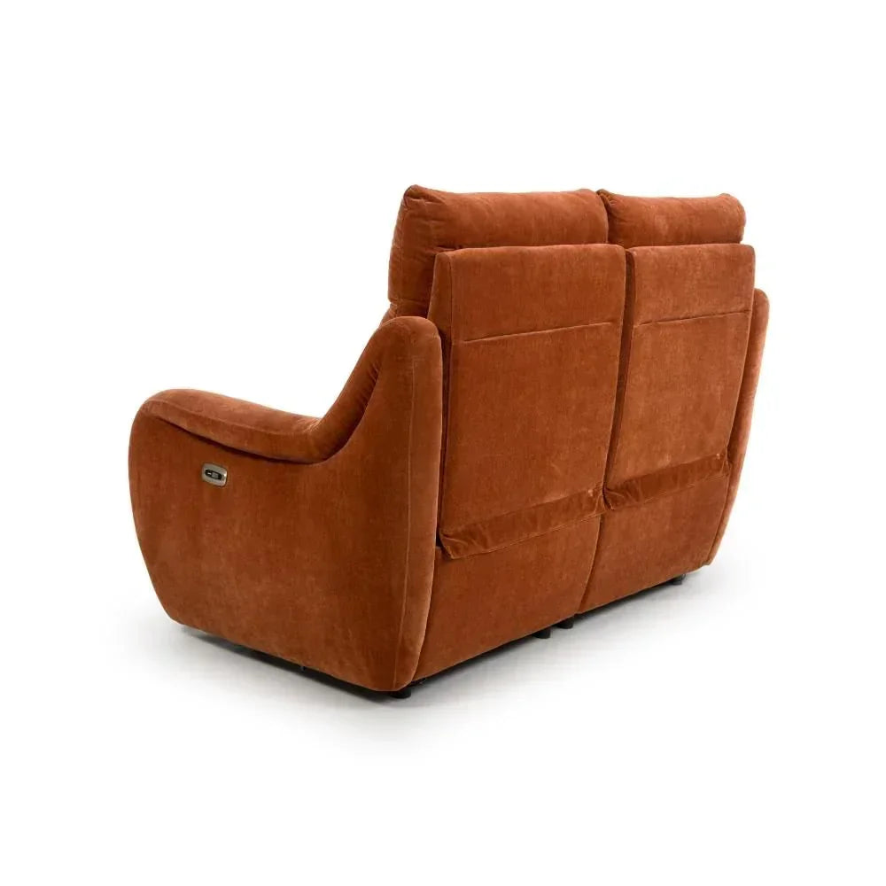 Rust fabric reclining sofa two-seater viewed from back with visible side recline button