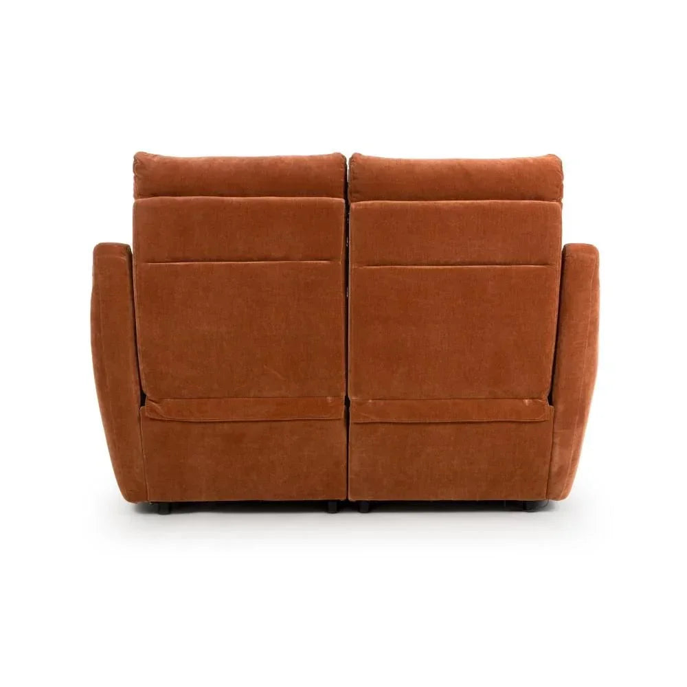 Rust fabric recliner sofa rear view with clean panel detailing and plush armrests