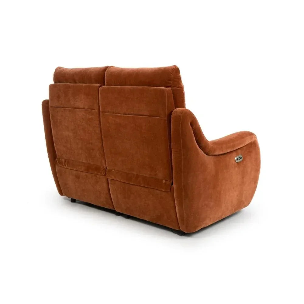 Rear view of orange fabric recliner sofa with soft cushions and power control panel
