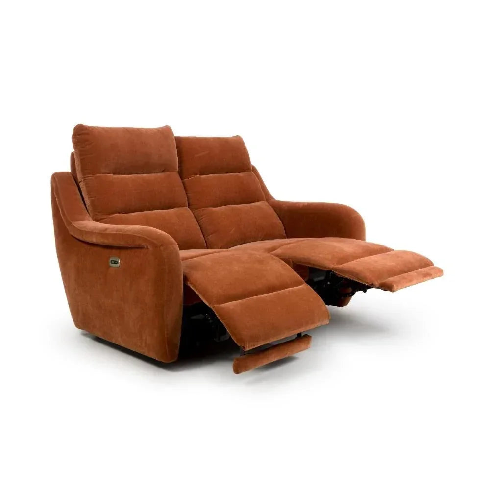 Rust fabric two seat recliner sofa with footrests extended on white background