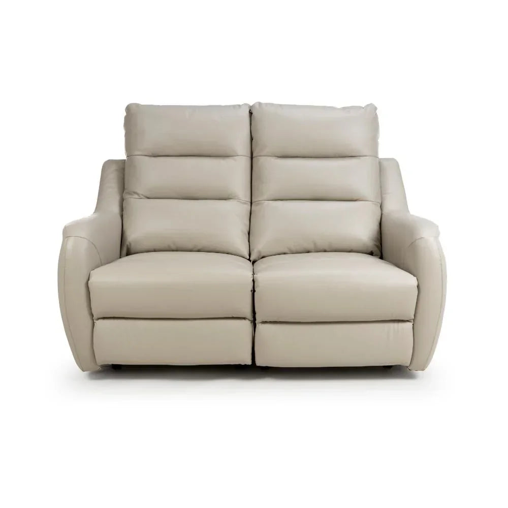 Beige leather recliner sofa with padded seats and modern armrests, front view