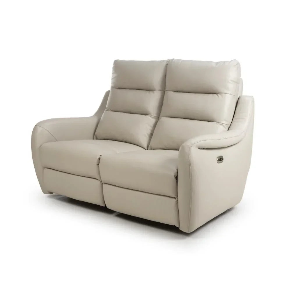 Beige leather recliner sofa with high backrest and padded armrests, angled front view