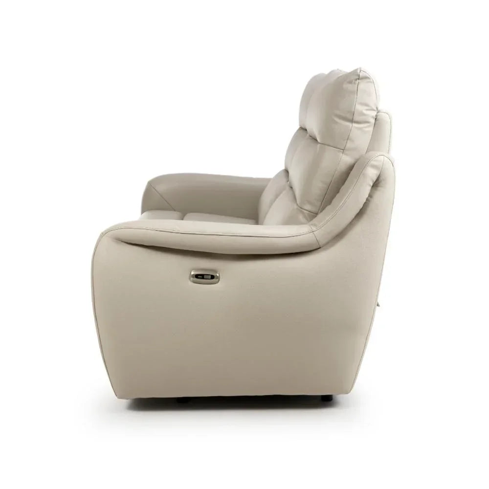 Side view of beige recliner sofa with plush padding and built-in control button