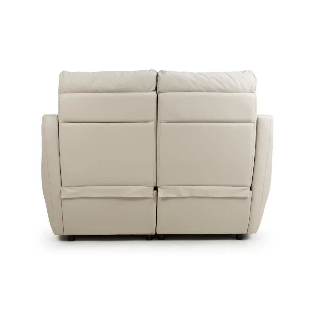 Back view of cream leather recliner sofa with dual seats and soft padded cushions