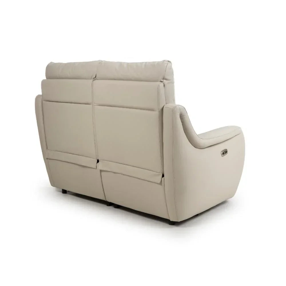 Rear view of beige leather recliner sofa with plush backrest and armrest detail
