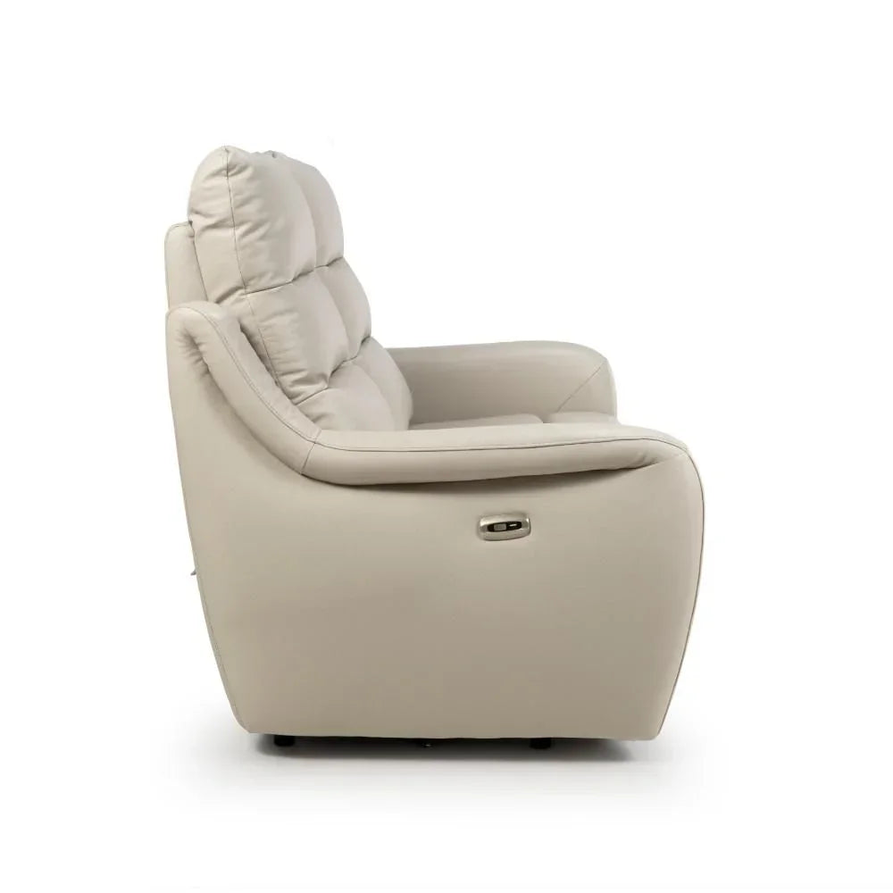 Side view beige leather recliner armchair with padded backrest and metal recline button