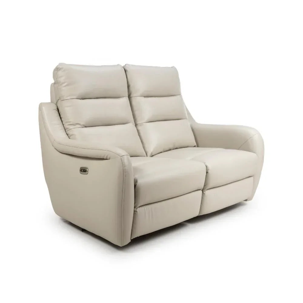 Beige leather recliner sofa with padded backrest and armrests, shown at a slight angle