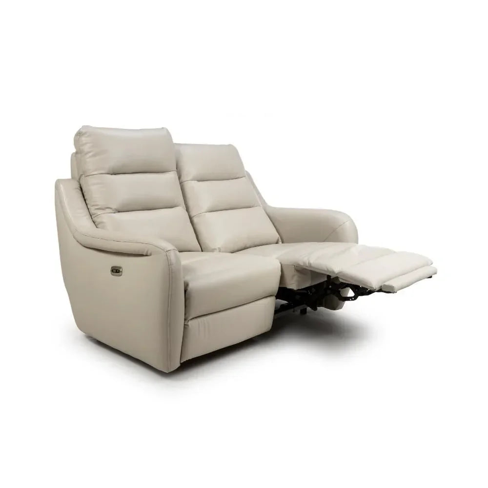 Beige leather reclining sofa with extended footrest, modern design, right side angle view