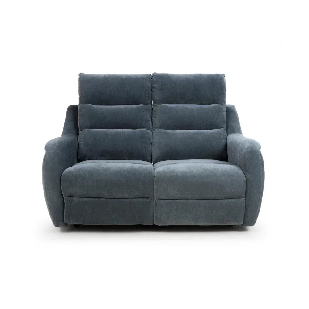 Dark grey fabric two seater recliner sofa with cushioned backrest and armrests, front view