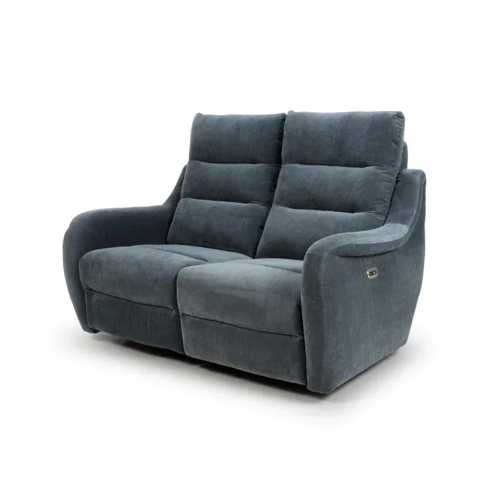 Dark grey fabric two-seater recliner sofa with padded backrest and armrests, angled view