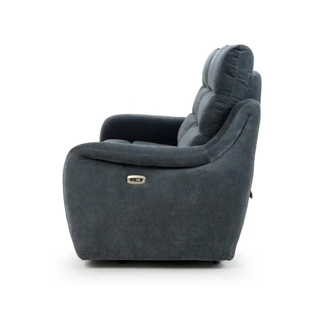 Side view of dark grey fabric reclining sofa with padded armrest and backrest