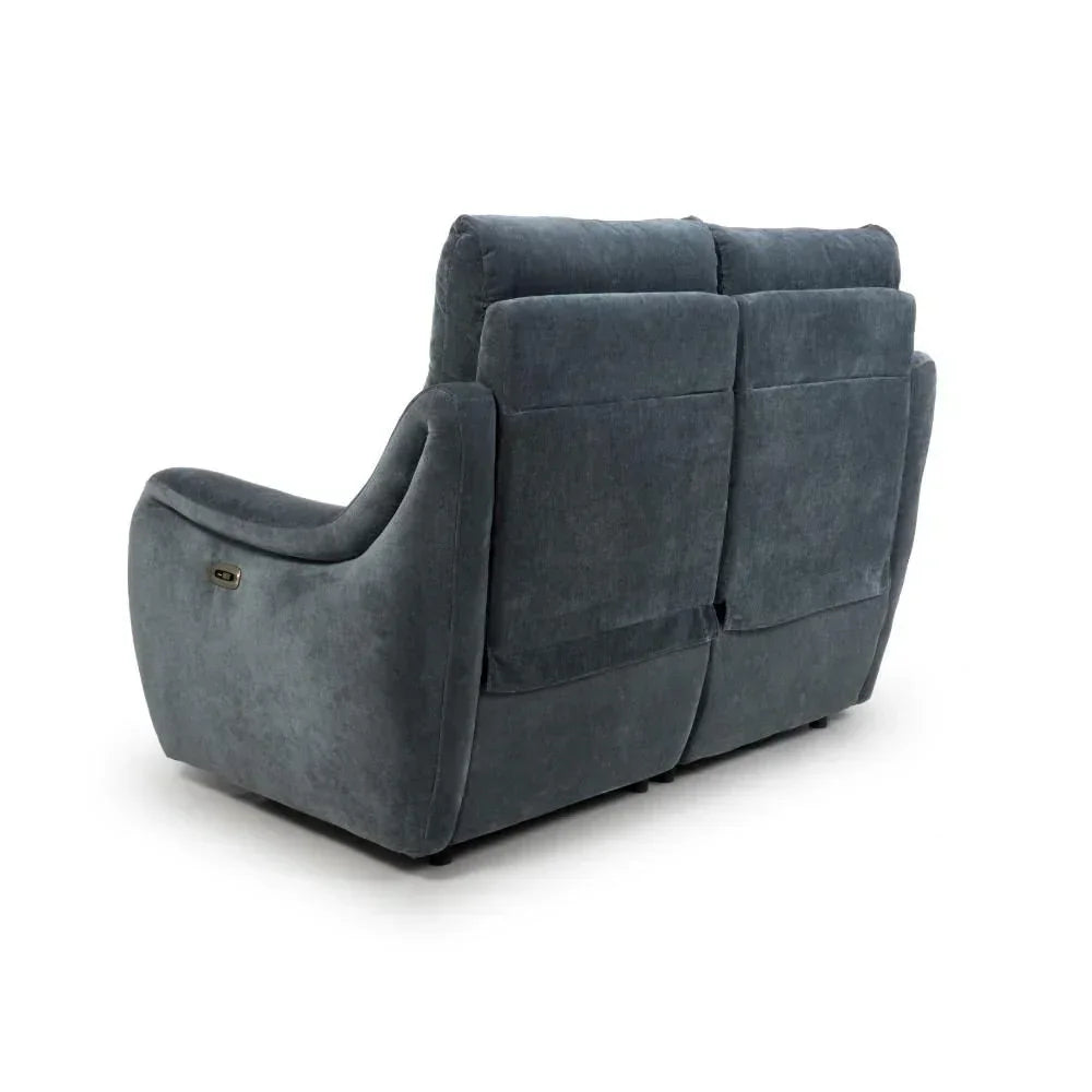 Back view of grey fabric recliner sofa with cushioned seats and soft armrests