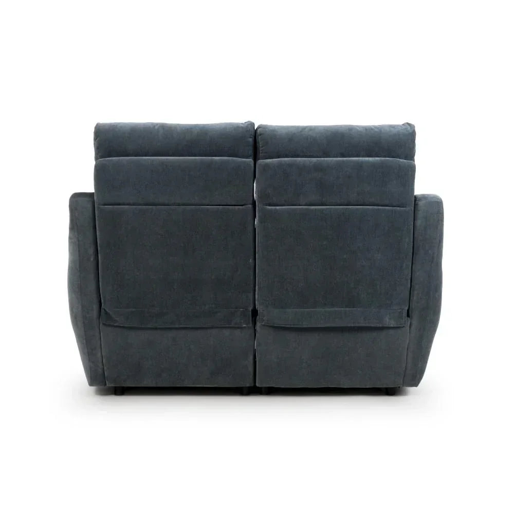 Dark grey fabric reclining sofa rear view with plush backrest and armrests