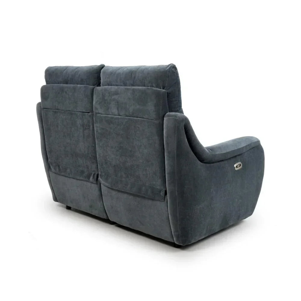 Dark grey fabric recliner sofa rear view with dual seats and angled armrest