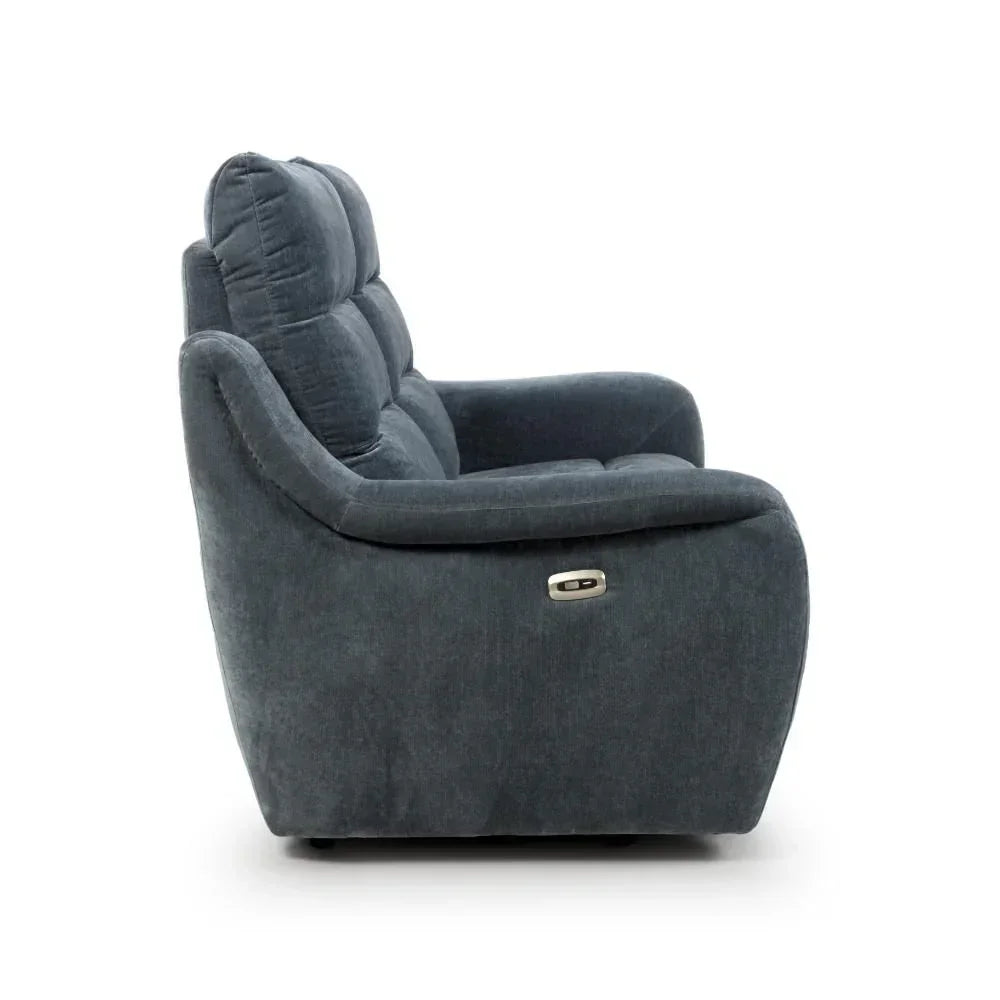 Dark grey fabric recliner sofa side view with padded back and armrest
