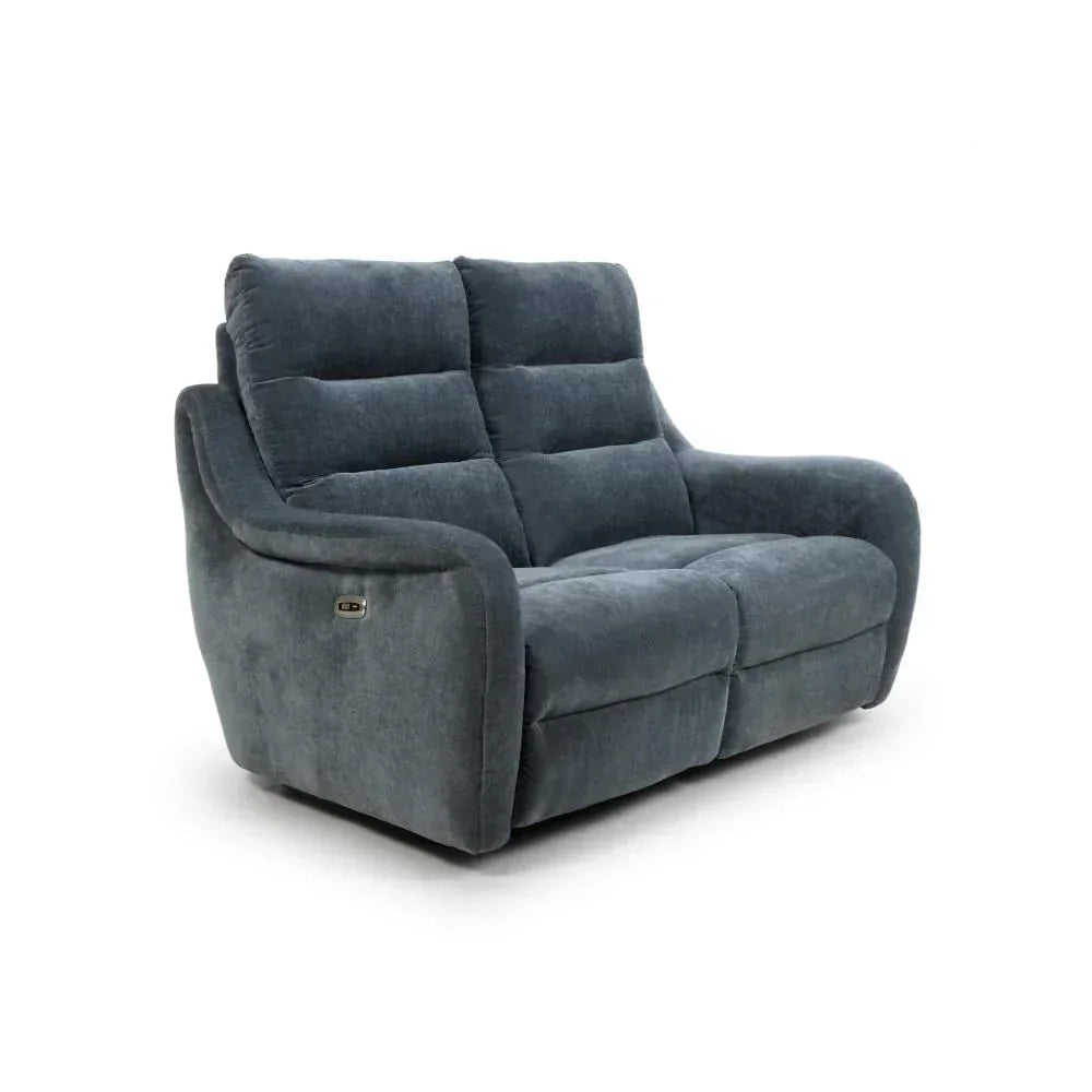 Dark grey fabric reclining sofa two seater with padded back and curved arms
