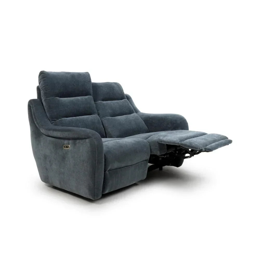 Dark grey fabric reclining sofa with extended footrest, angled view