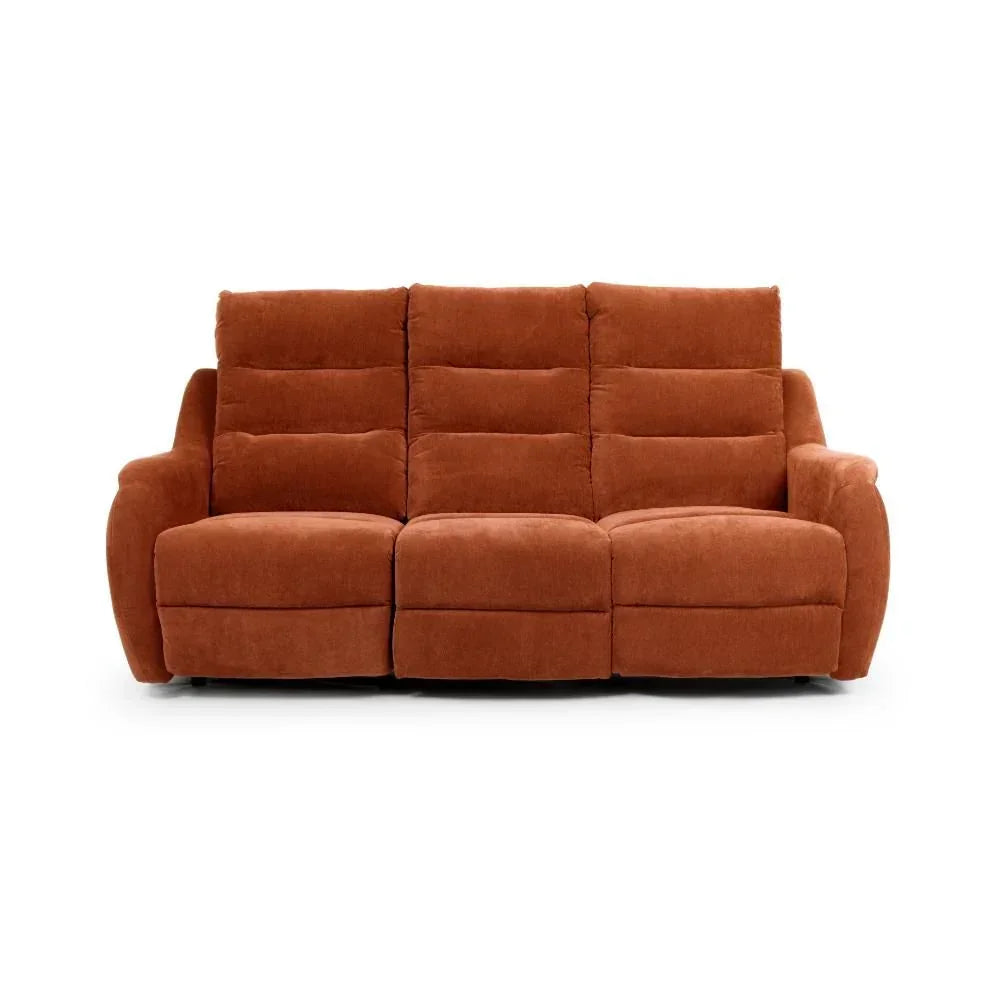 Rust fabric three seater recliner sofa with plush cushions and padded armrests, front view
