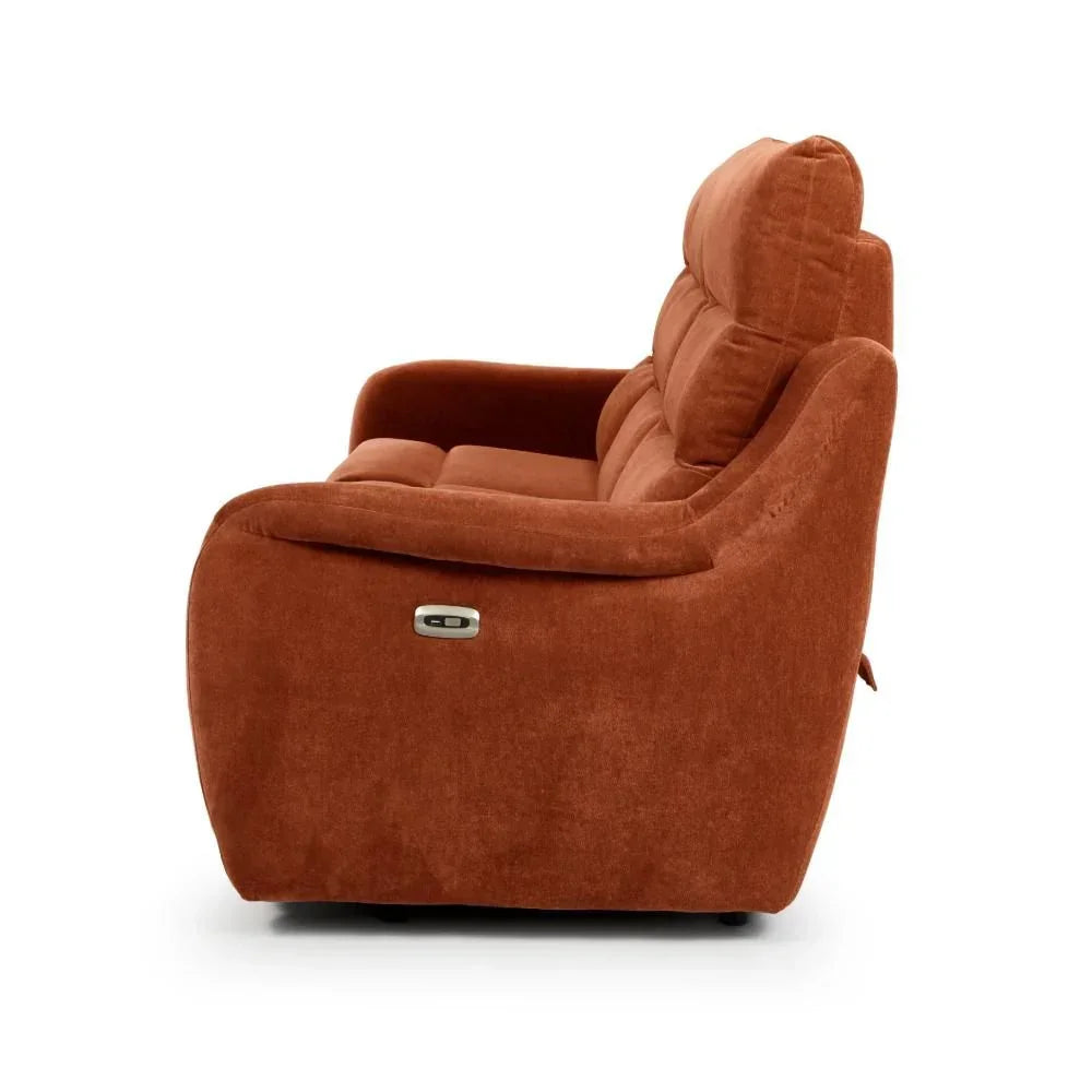 Side view of rust fabric recliner sofa with padded armrest and electric control panel