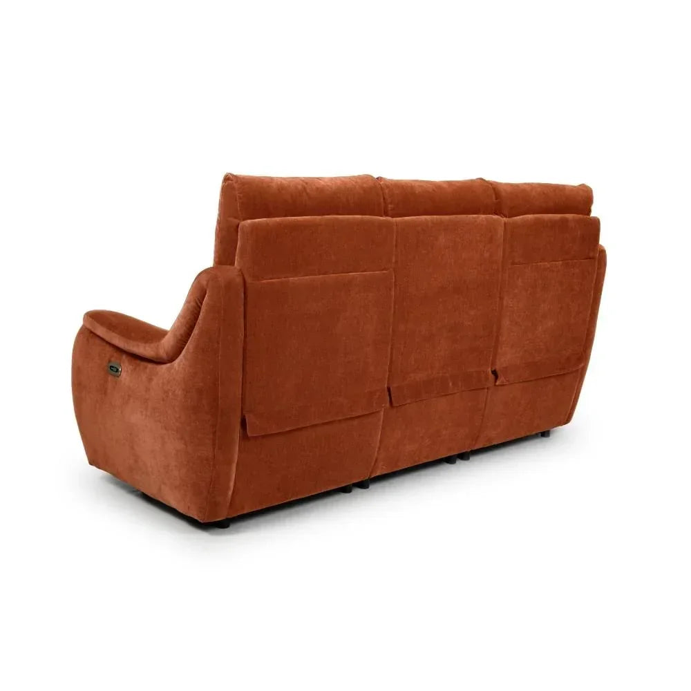 Rust fabric three seater recliner sofa rear view with soft cushioned back and armrests