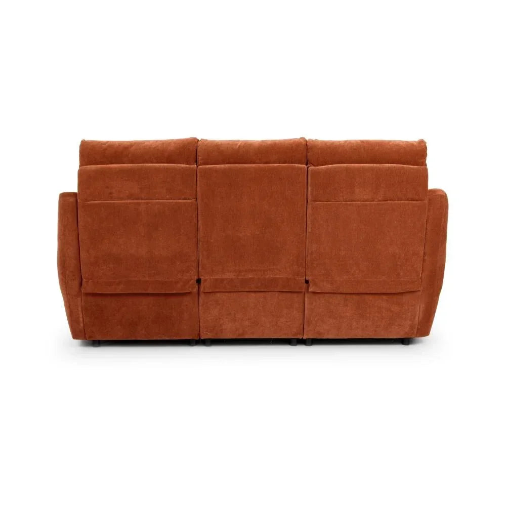 Rust fabric three seater sofa rear view with plush back cushions