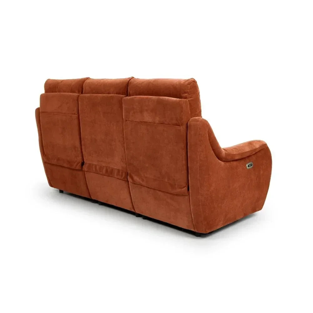 Rear view of three seater fabric recliner sofa in rust color on white background