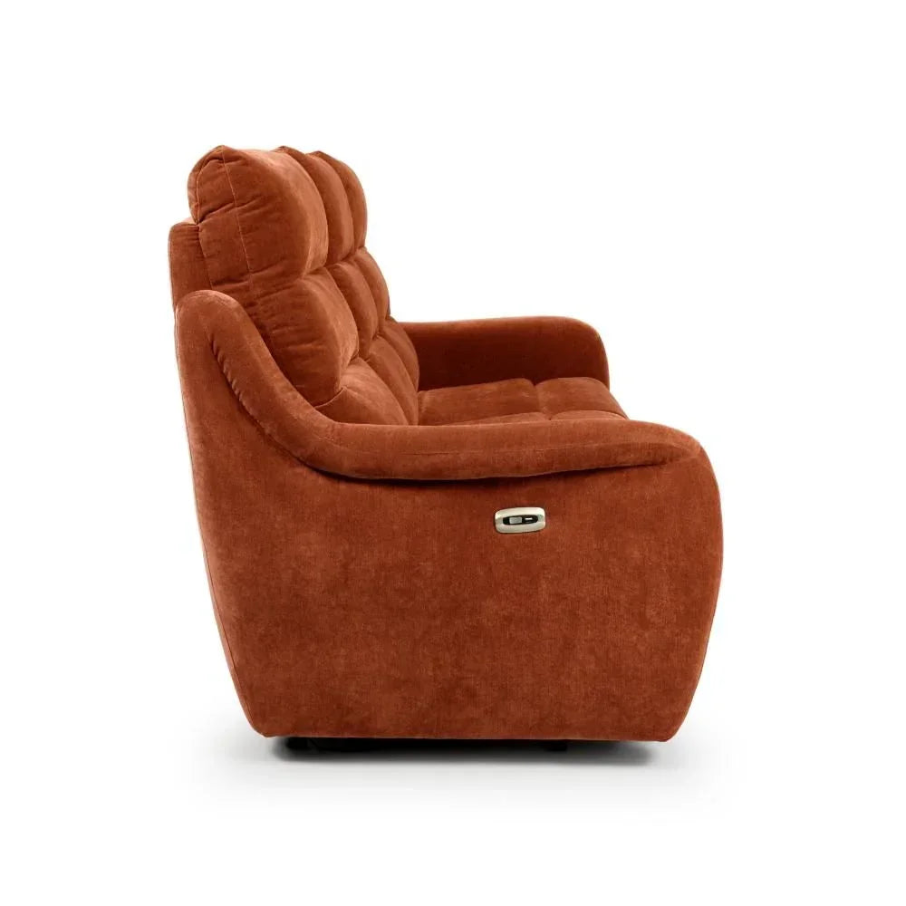 Side view of rust fabric recliner sofa with plush cushioning and electric control panel